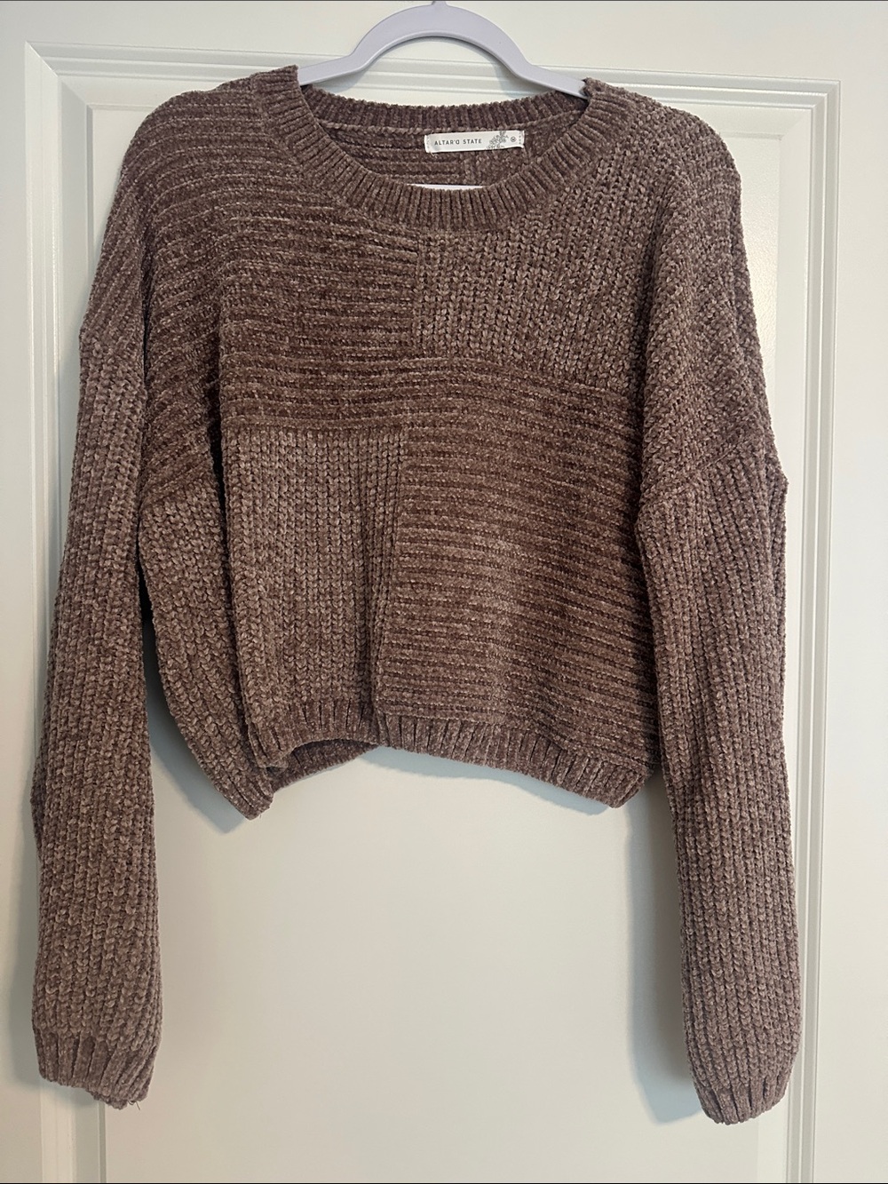 Altar'd State Brown Textured Cropped Crewneck Sweater